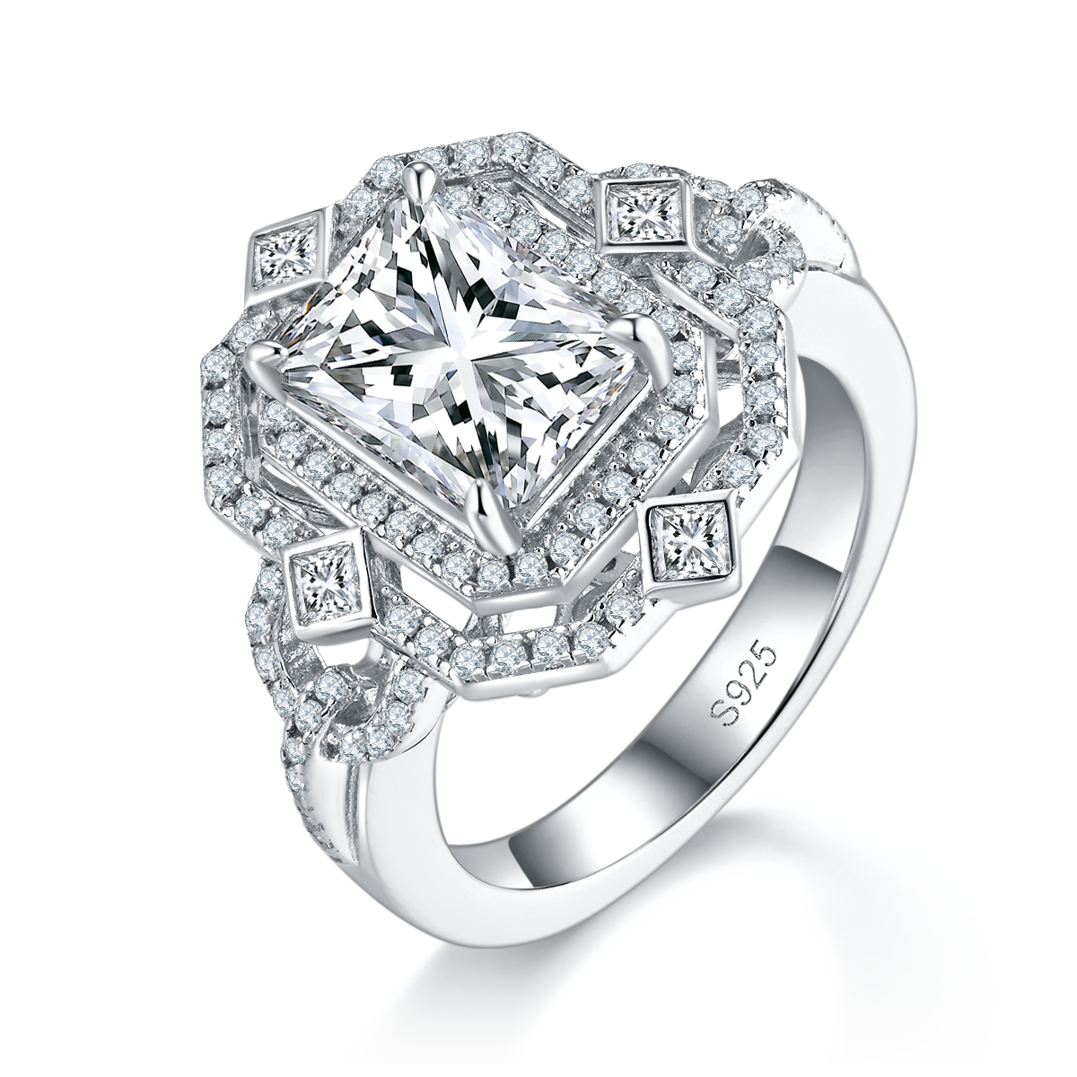 Luxury White Gold Plated Multi-Layer Full Set 3.0ct 7*9mm Radiant Cut Moissan Diamond Women's S925 Silver Ring R0397