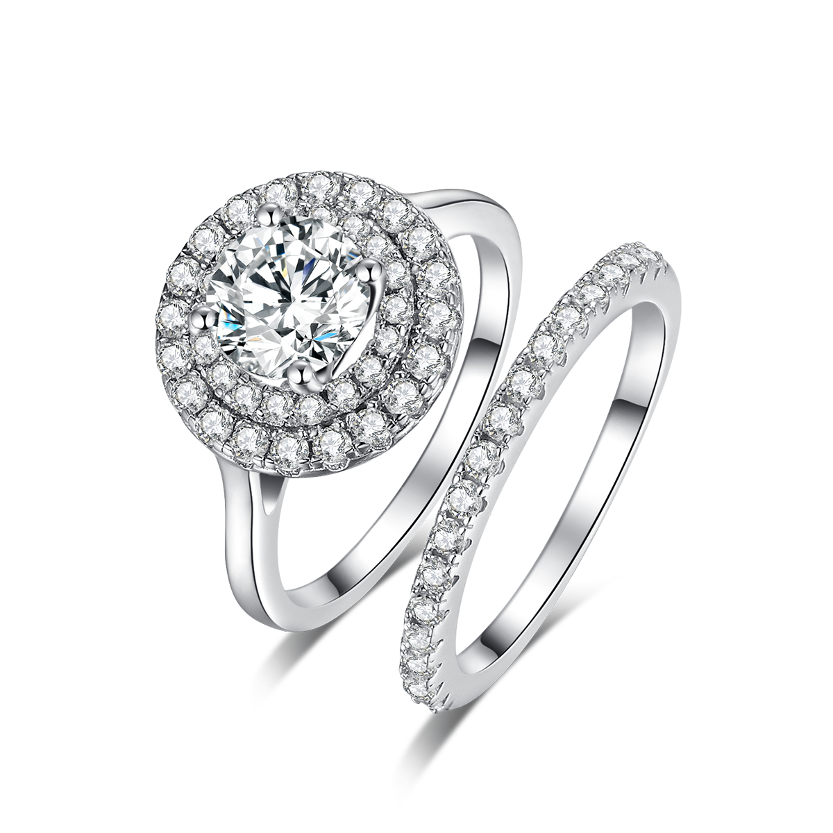 Deluxe Round Encircled Diamond Set White Gold Stacking Set 1.0ct 6.5mm Moissanite S925 Silver Women's Ring R0007