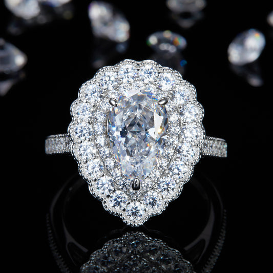 Deluxe 3.0ct Moissanite Rings Pear Shaped Double Round Encircled Full Set Diamonds White Gold Plated Women's S925 Ring R0189