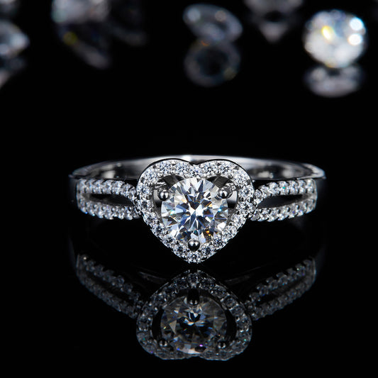 Design One Heart One Mind Moissanite Diamond Surrounded by Diamonds White Gold Plated Women's Ring R0212