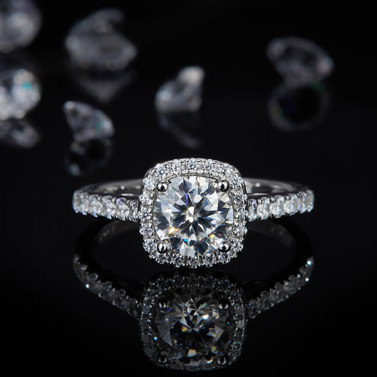 Classic 1.0ct Moissanite Rings Straight Arm Square Surrounded by Diamonds White Gold Plated Women's Silver Ring R0116