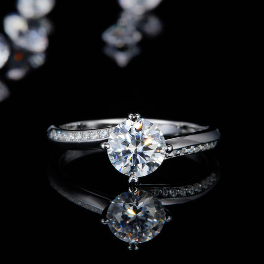 Classic Twisted-Arm Heart Four Prong Round Moissanite Diamond White Gold Plated Women's 925 Silver Ring R0186