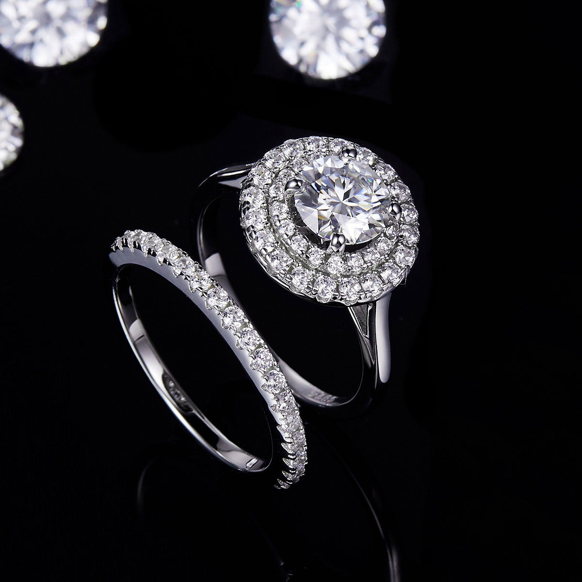 Deluxe Round Encircled Diamond Set White Gold Stacking Set 1.0ct 6.5mm Moissanite S925 Silver Women's Ring R0007