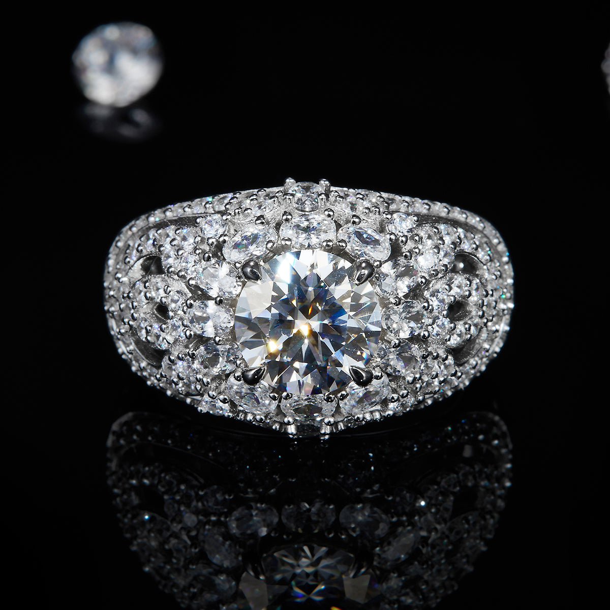 2.0ct 8.0mm Moissanite Silver Rings Women's Design Skeleton Round Encircled Full Set Diamond S925 Ring R0298