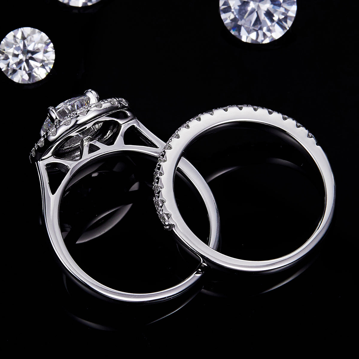 Deluxe Round Encircled Diamond Set White Gold Stacking Set 1.0ct 6.5mm Moissanite S925 Silver Women's Ring R0007