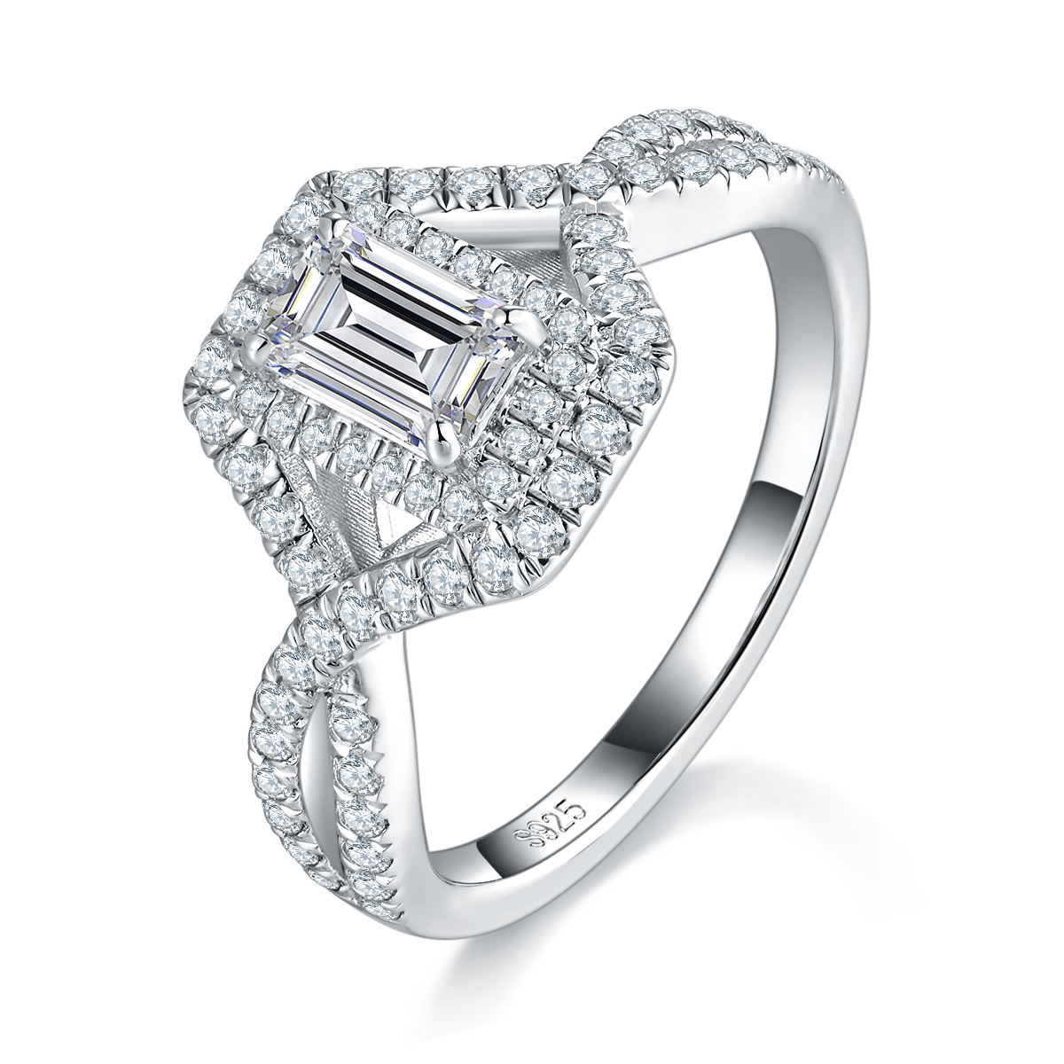 White Gold Plated Designed Full Set 0.8ct D Color Emerald Cut Moissan Diamond Women's Ring R0489