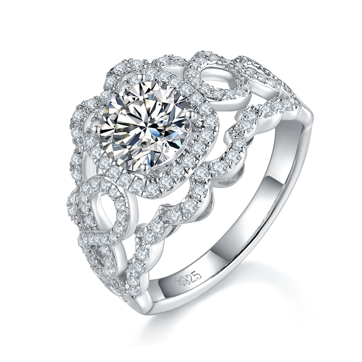 1.2ct Moissanite Rings Platinum-plated Luxurious Lace Fully Inlaid Diamond Women's 925 Sterling Silver Ring R0321