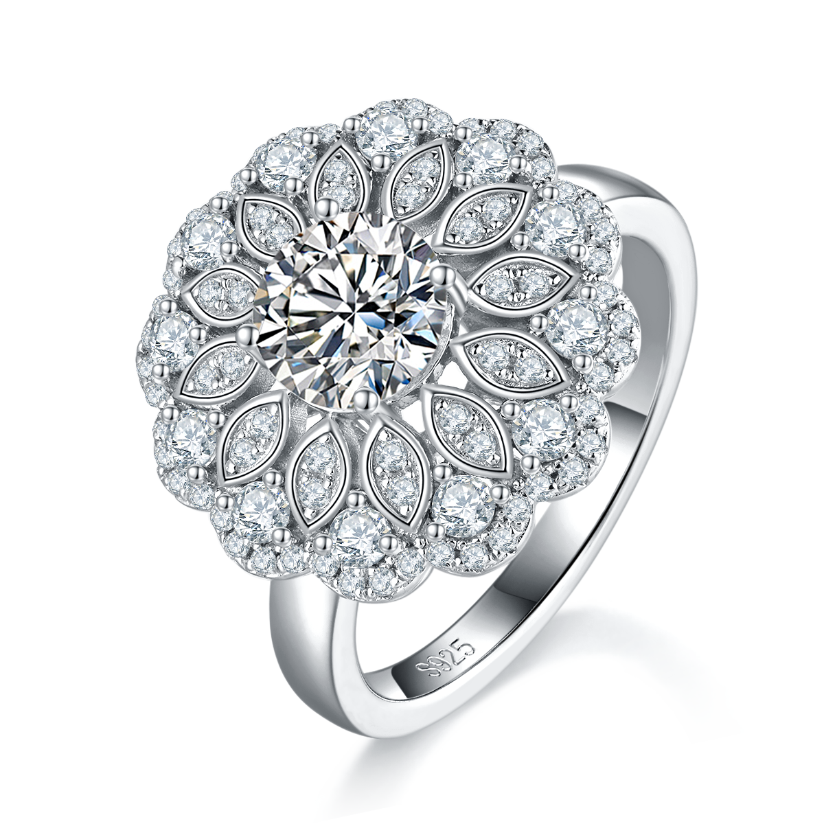 Deluxe Flower Full Set Diamond White Gold Plated 1.0ct Round Moissanite Women's 925 Sterling Silver Rings R0353