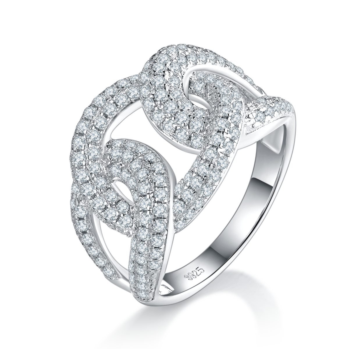 Designer Interlocking S925 Sterling Silver Ring With Moissanite Diamonds Plated White Gold R0467