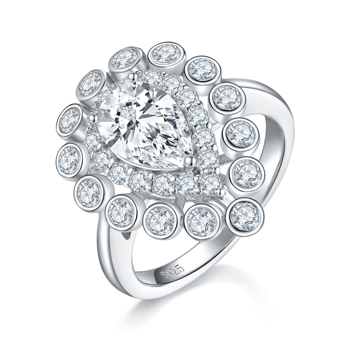 Design Teardrop Encircled Diamond White Gold Plated 1.5ct 6*9mm Pear Shape Moissanite Women's Rings R0396