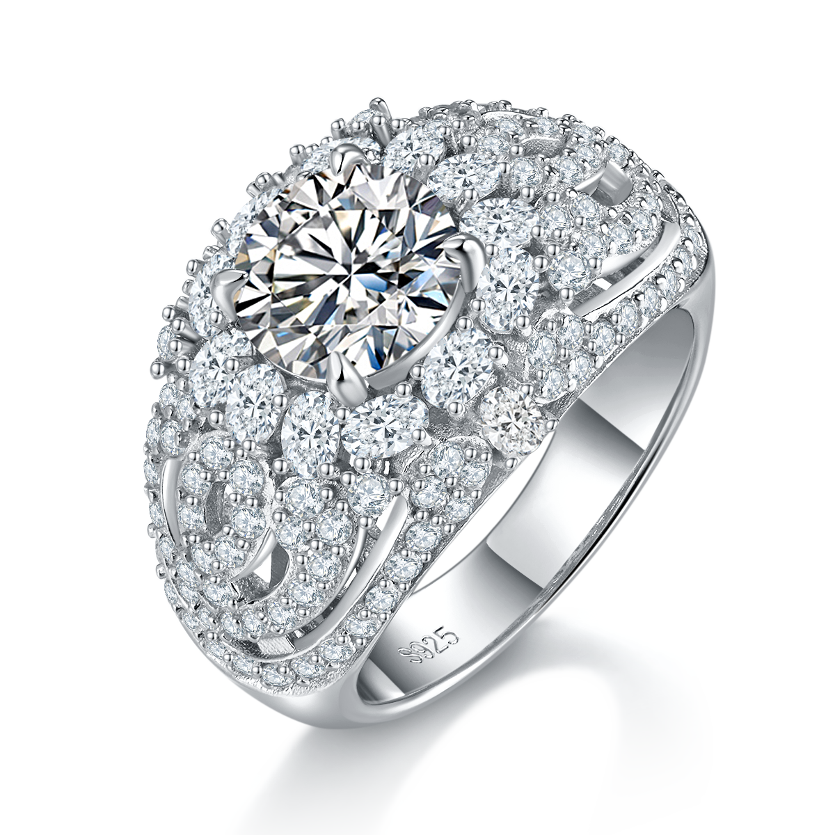 2.0ct 8.0mm Moissanite Silver Rings Women's Design Skeleton Round Encircled Full Set Diamond S925 Ring R0298