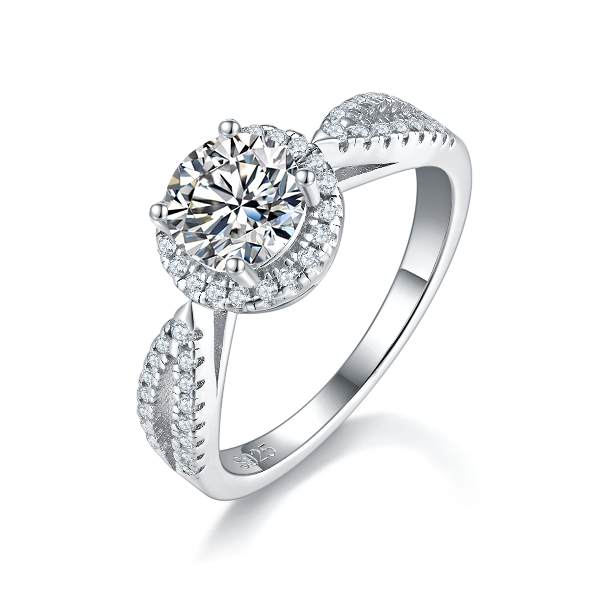 Classic Arm Full Set Diamond White Gold Plated 1.0ct Round Moissanite Women's 925 Sterling Silver Ring R0280