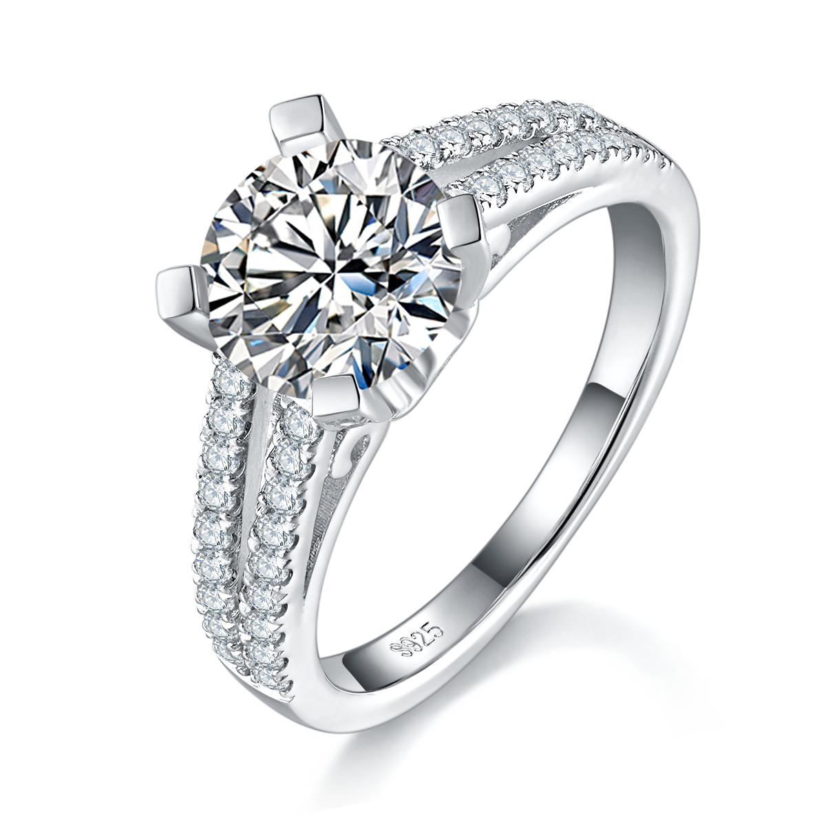 2.0ct Round Moissanite Rings Luxury Inlaid Four-Prong White Gold Plated Women's S925 Sterling Silver Ring R0078