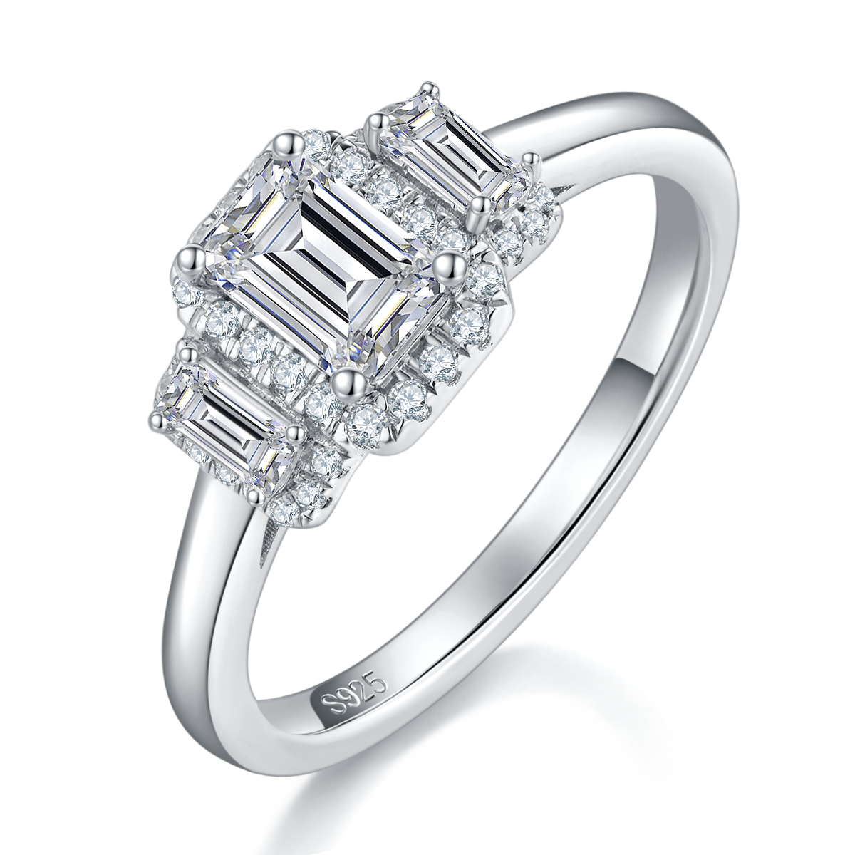 Emerald cut Moissanite Rings Round Halo Set Three-stone White Gold 0.8ct Women's S925 Ring Design R0092