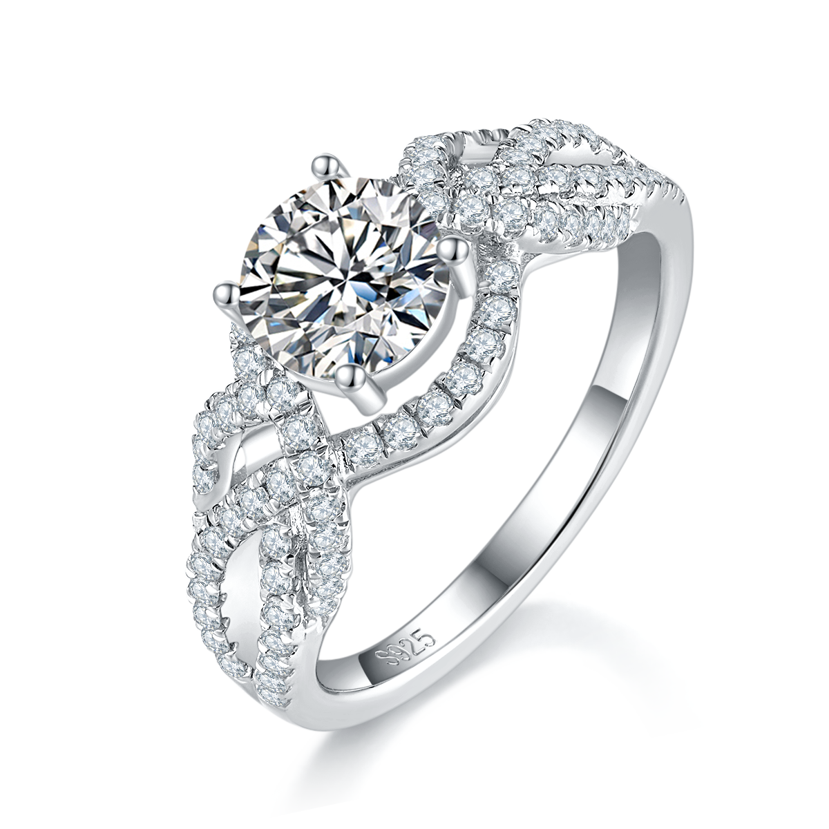 1.0ct 6.5mm Moissanite S925 Rings Design Wave Full Set White Gold Round Moissanite Women's 925 Silver Ring R0253