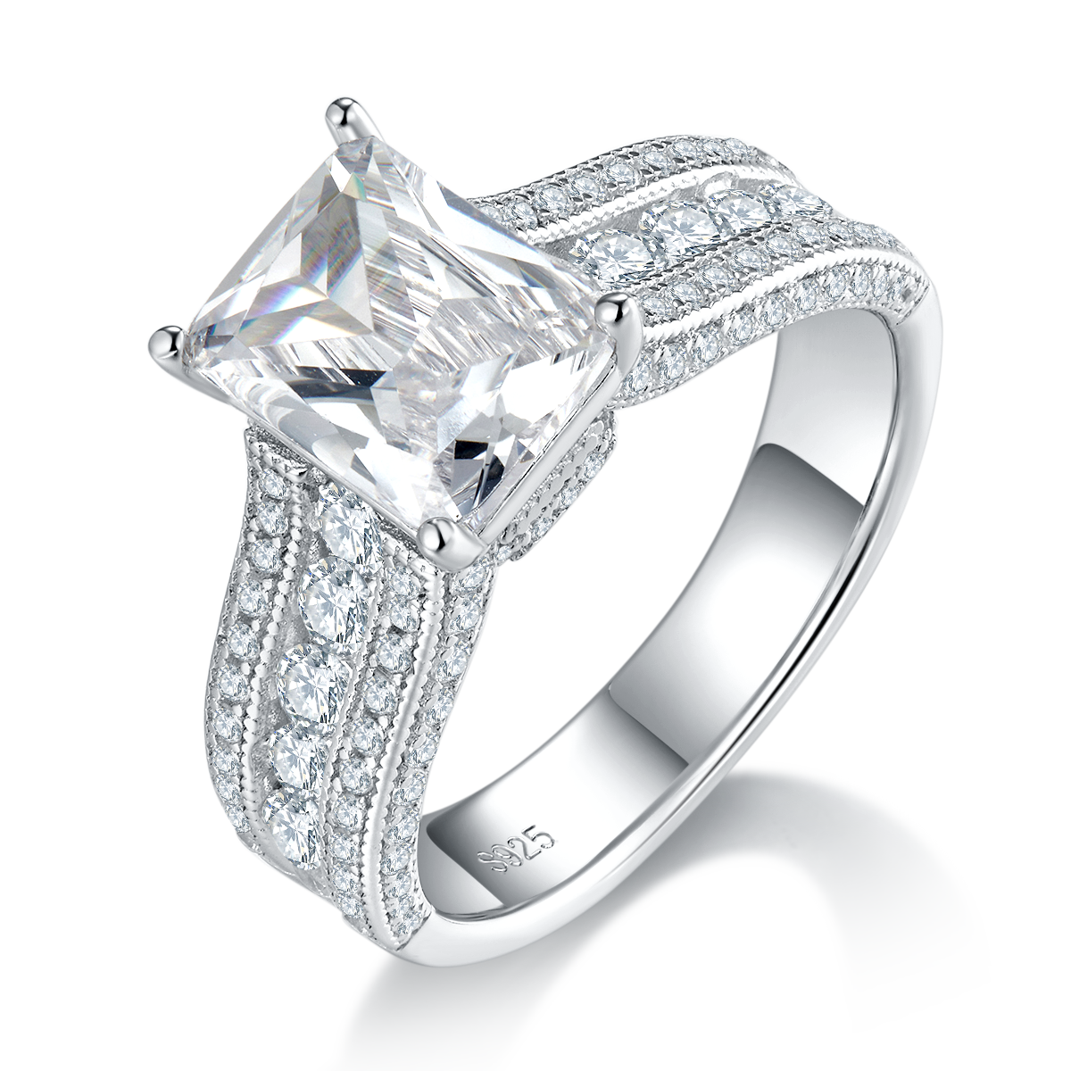 3.0ct 7*9mm Moissanite Emerald Cut Diamonds Luxury Diamond Set White Gold Plated Women's S925 Ring R0242
