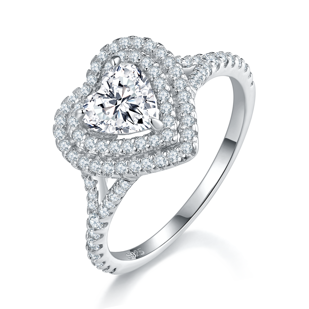 Design Heart Double Surround Diamond White Gold Plated 0.8ct Moissanite Women's S925 Silver Ring R0218