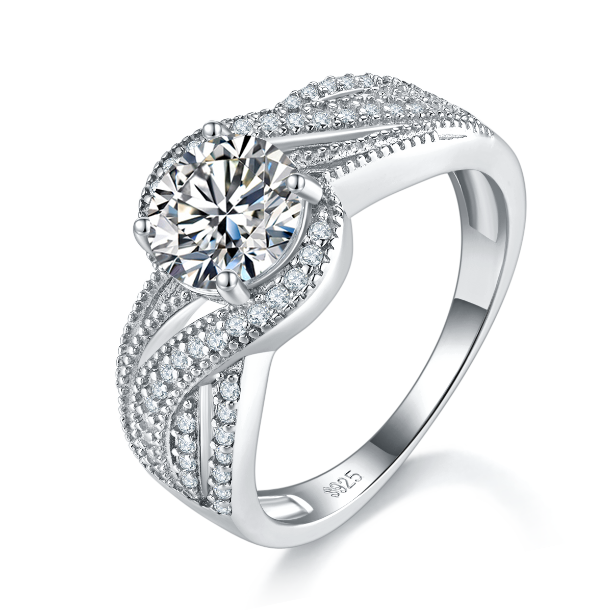 1.2ct Moissanite S925 Rings Design Twisted Arm Multi-Layered Full Set Diamond White Gold Plated Women's 925 Sterling Silver Ring R0819