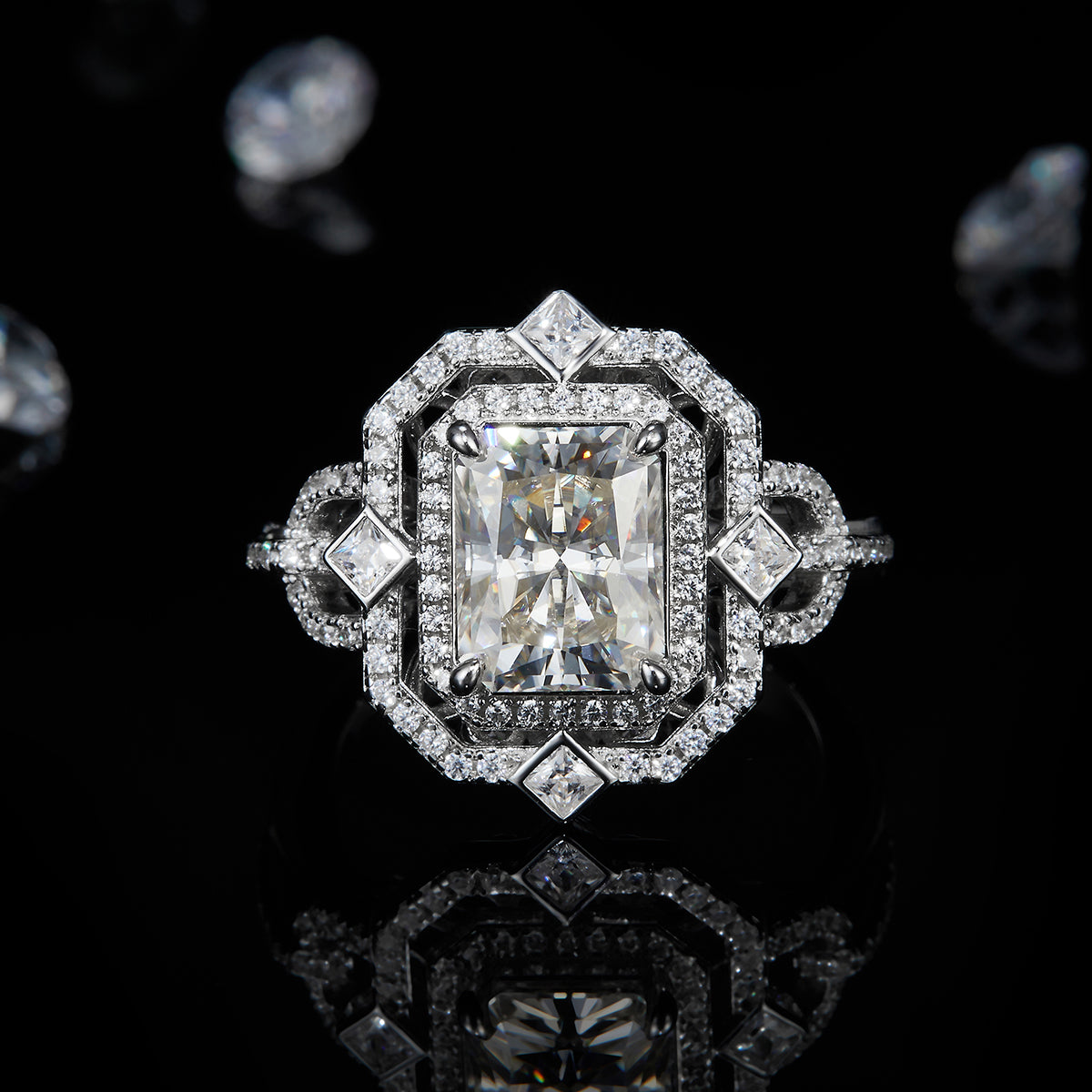 Luxury White Gold Plated Multi-Layer Full Set 3.0ct 7*9mm Radiant Cut Moissan Diamond Women's S925 Silver Ring R0397