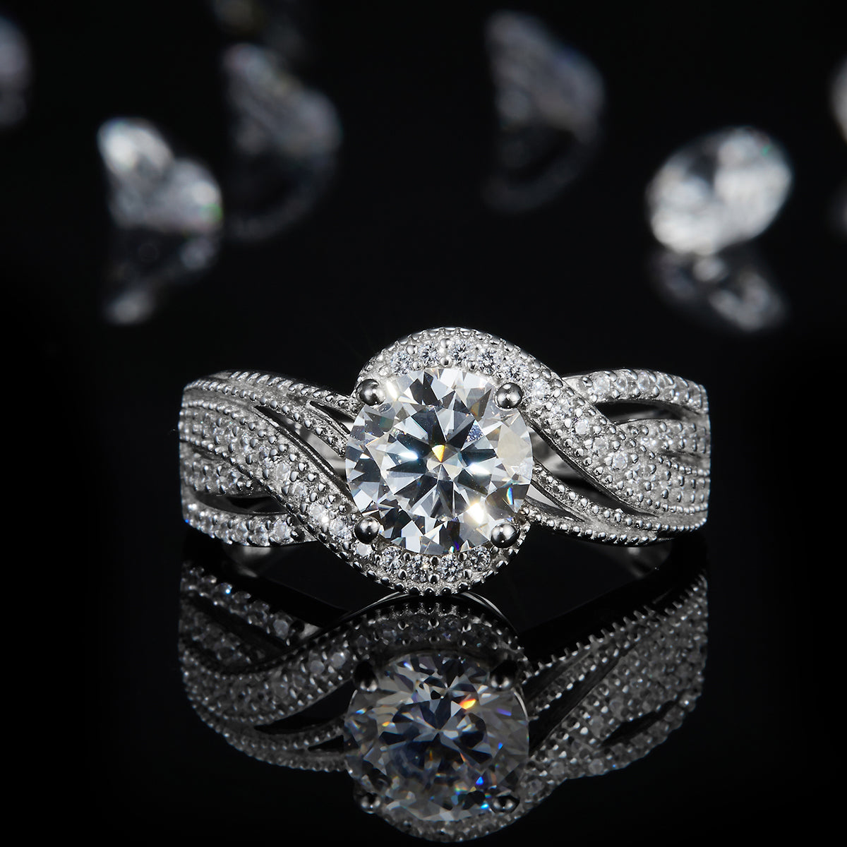1.2ct Moissanite S925 Rings Design Twisted Arm Multi-Layered Full Set Diamond White Gold Plated Women's 925 Sterling Silver Ring R0819