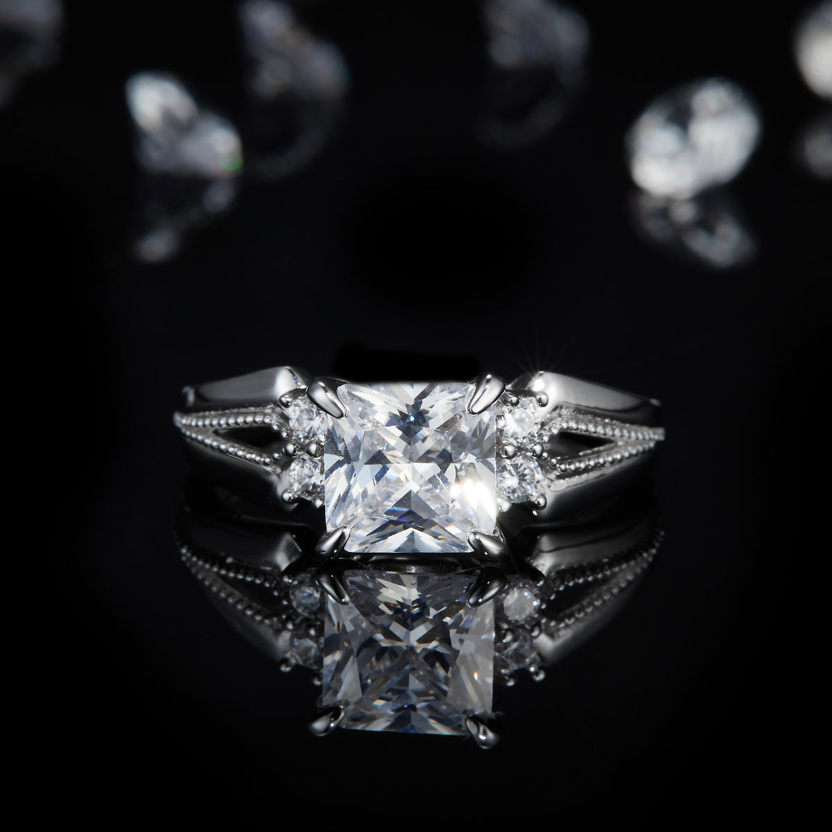 Luxury Princess Square White Gold 2.0ct 7.0mm D Color Moissanite S925 Silver Ring Design R0058