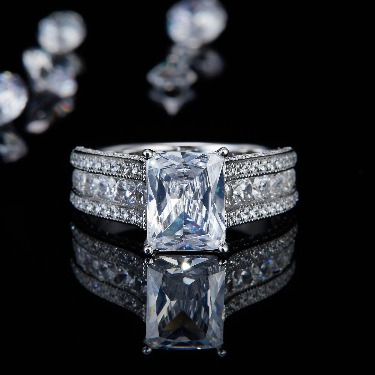 3.0ct 7*9mm Moissanite Emerald Cut Diamonds Luxury Diamond Set White Gold Plated Women's S925 Ring R0242