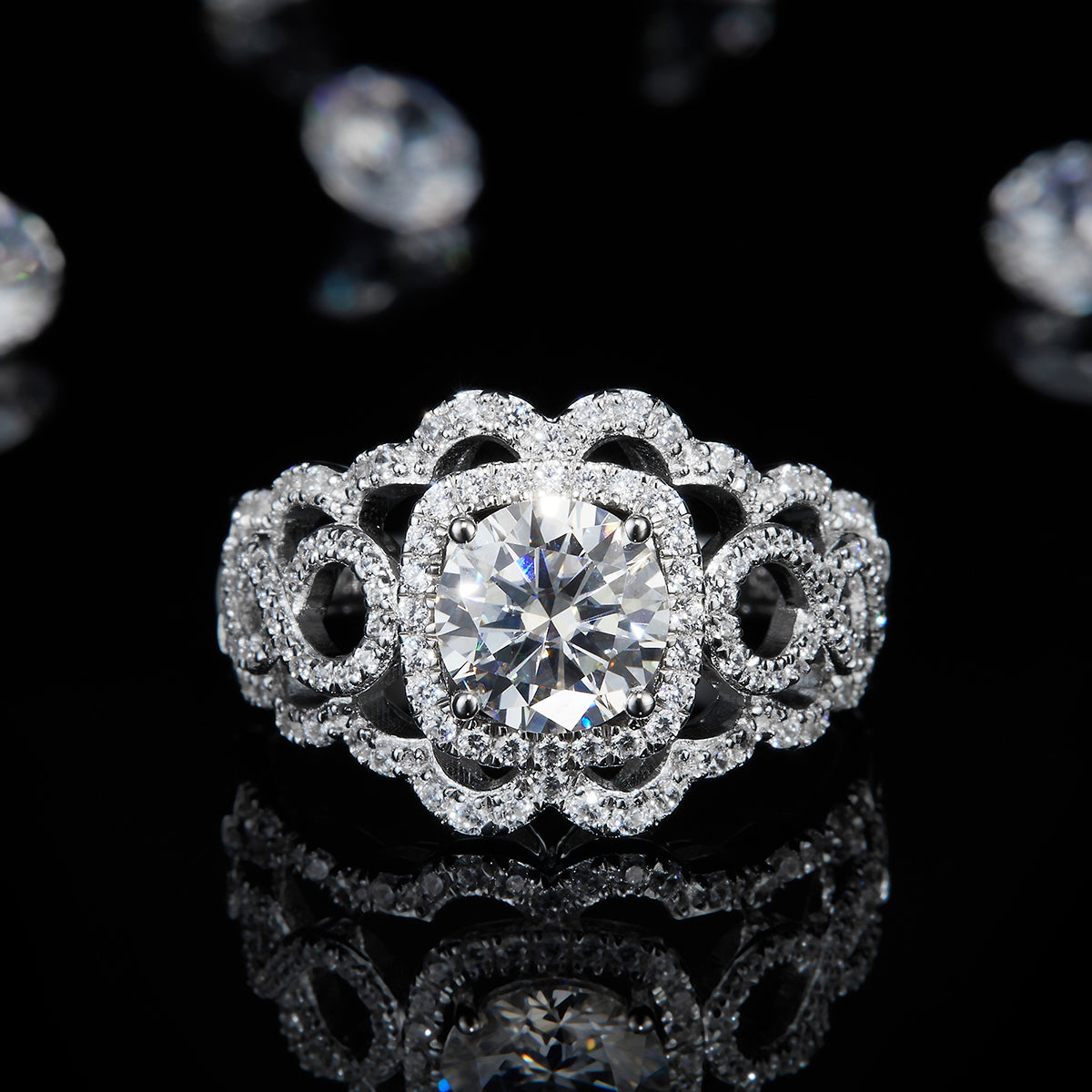 1.2ct Moissanite Rings Platinum-plated Luxurious Lace Fully Inlaid Diamond Women's 925 Sterling Silver Ring R0321