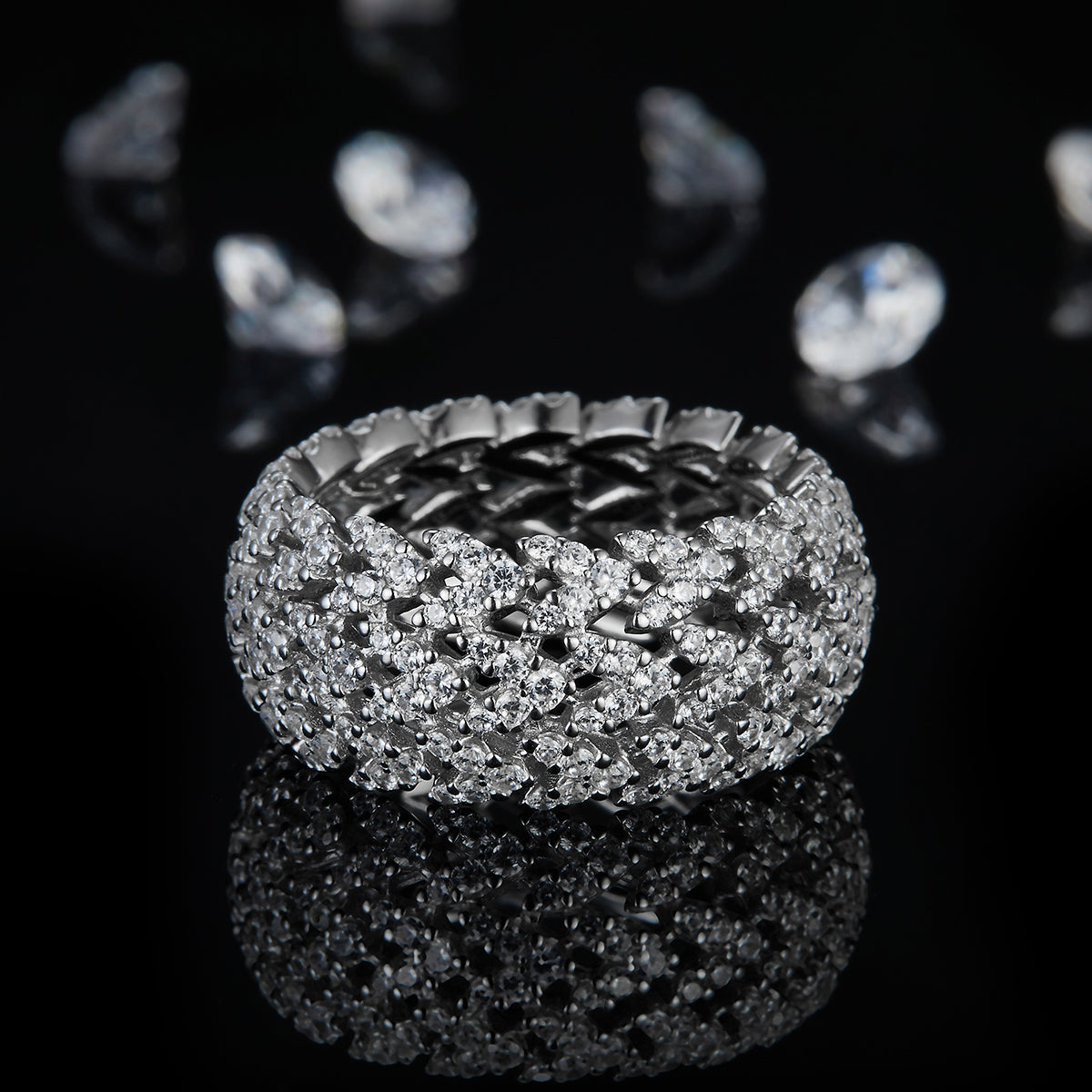 Moissanite 925 Silver Rings Design Multi-Layered Wide Full Set Diamond White Gold Plated Women's S925 Ring R0537