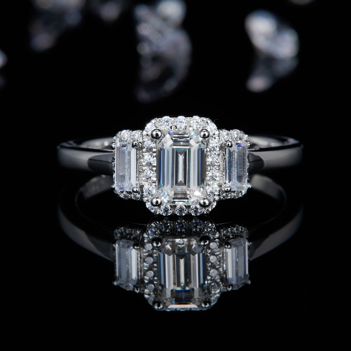 Emerald cut Moissanite Rings Round Halo Set Three-stone White Gold 0.8ct Women's S925 Ring Design R0092