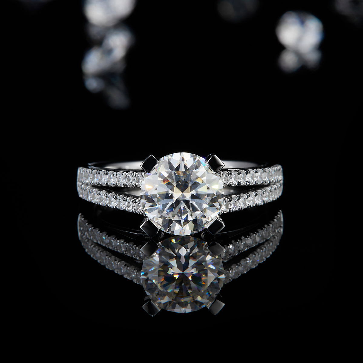 2.0ct Round Moissanite Rings Luxury Inlaid Four-Prong White Gold Plated Women's S925 Sterling Silver Ring R0078