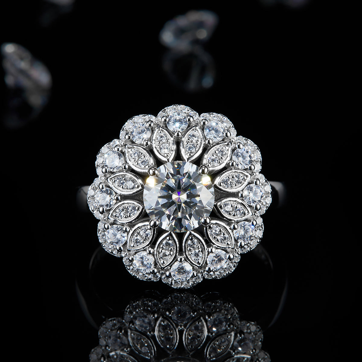 Deluxe Flower Full Set Diamond White Gold Plated 1.0ct Round Moissanite Women's 925 Sterling Silver Rings R0353