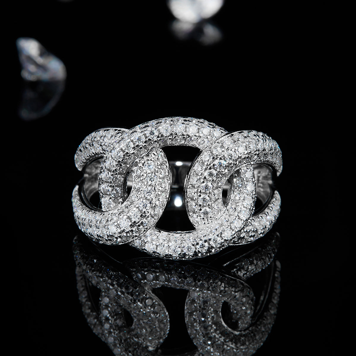 Designer Interlocking S925 Sterling Silver Ring With Moissanite Diamonds Plated White Gold R0467
