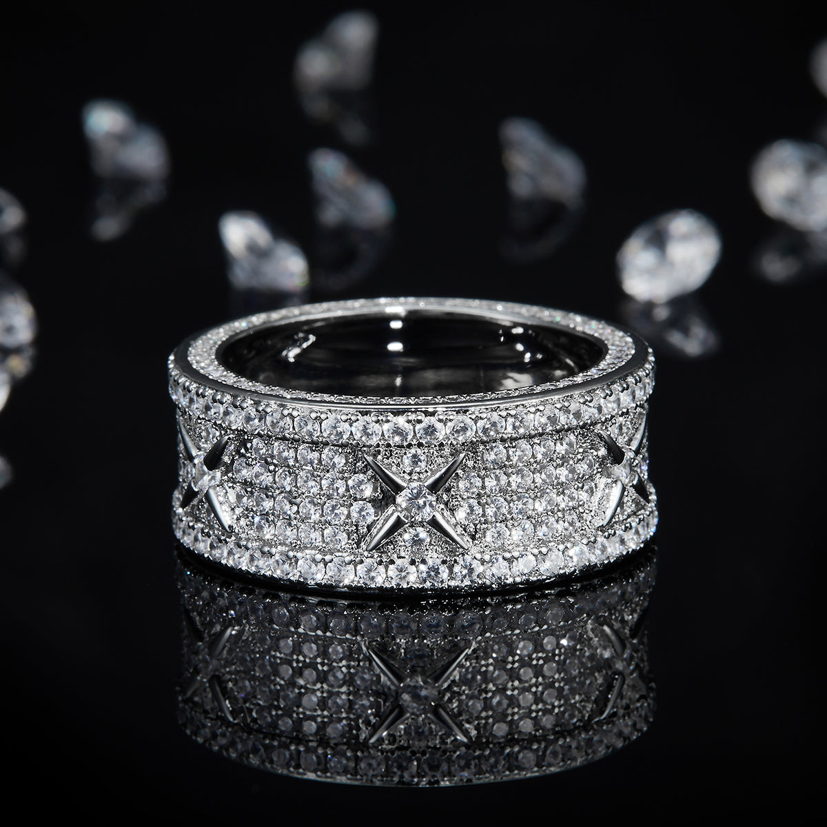 Deluxe Thick Bezel Full Set White Gold Plated Moissanite Diamond Women's S925 Sterling Silver Ring R0710