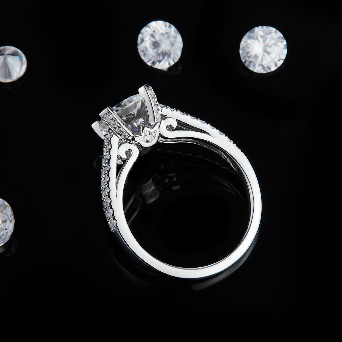 2.0ct Round Moissanite Rings Luxury Inlaid Four-Prong White Gold Plated Women's S925 Sterling Silver Ring R0078