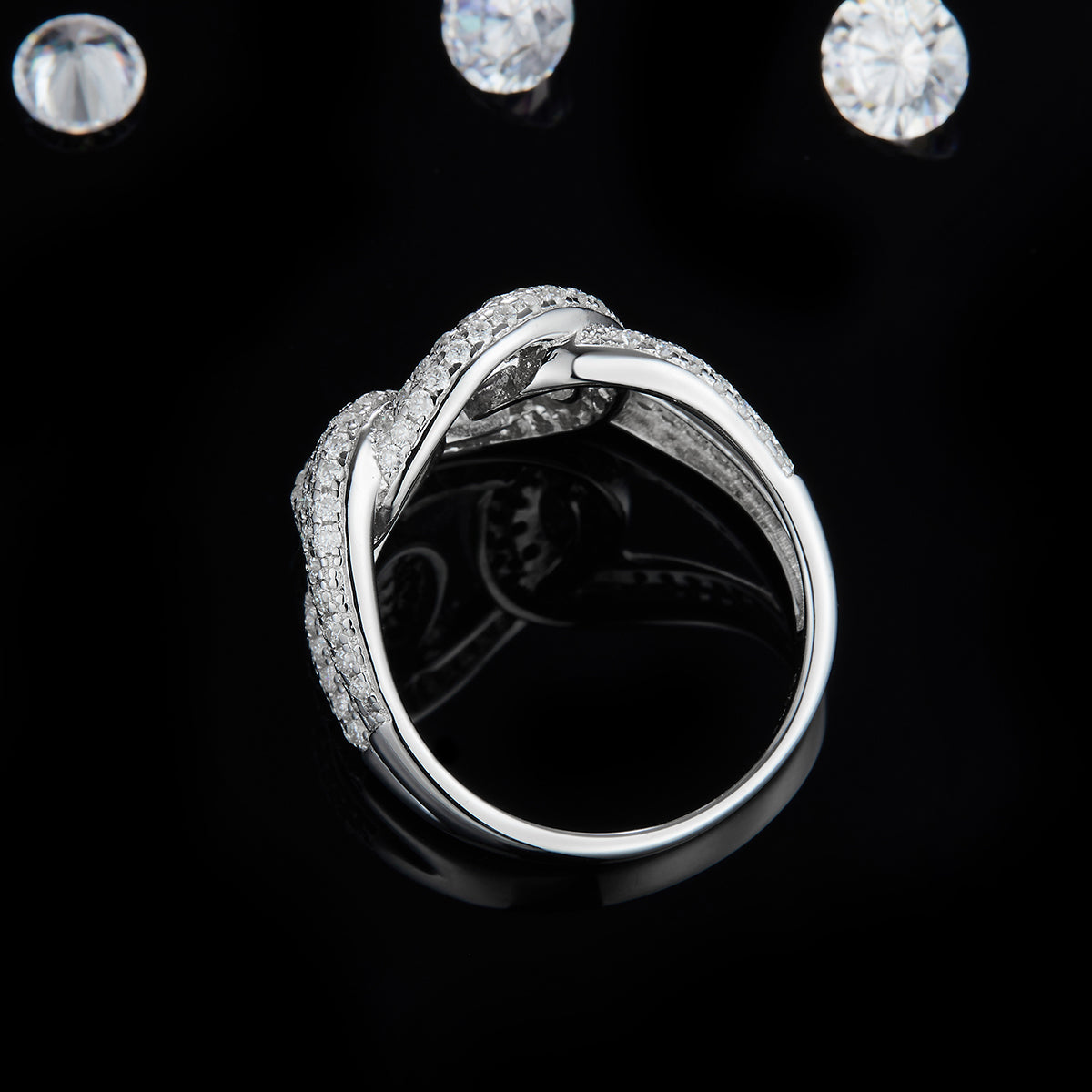 Designer Interlocking S925 Sterling Silver Ring With Moissanite Diamonds Plated White Gold R0467
