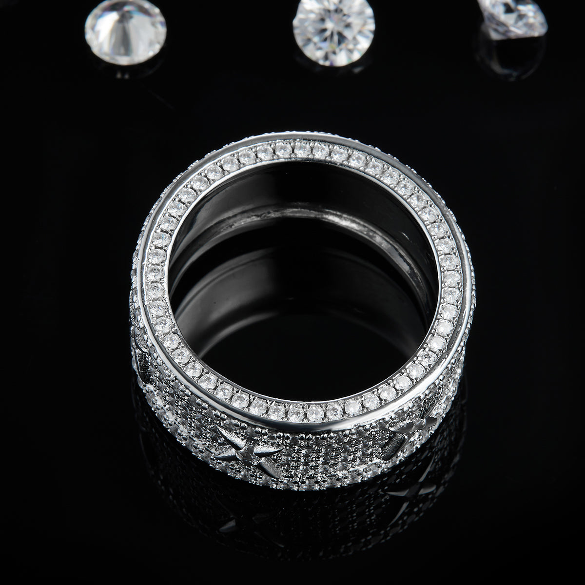 Deluxe Thick Bezel Full Set White Gold Plated Moissanite Diamond Women's S925 Sterling Silver Ring R0710